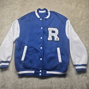 Blue and white  jacket with a letter R patch.